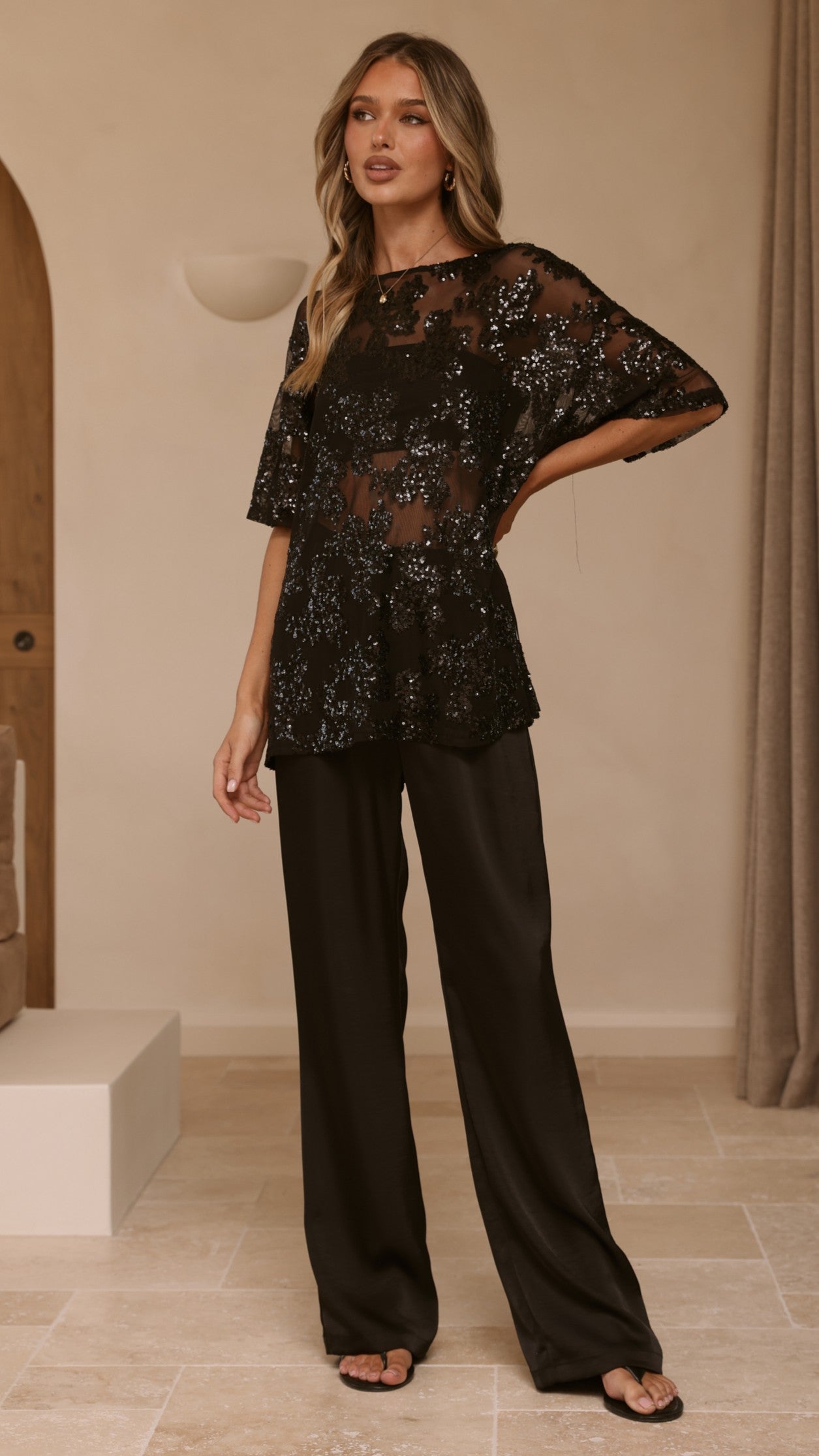 Arlo Oversized Sequin Top - Black Floral - Billy J