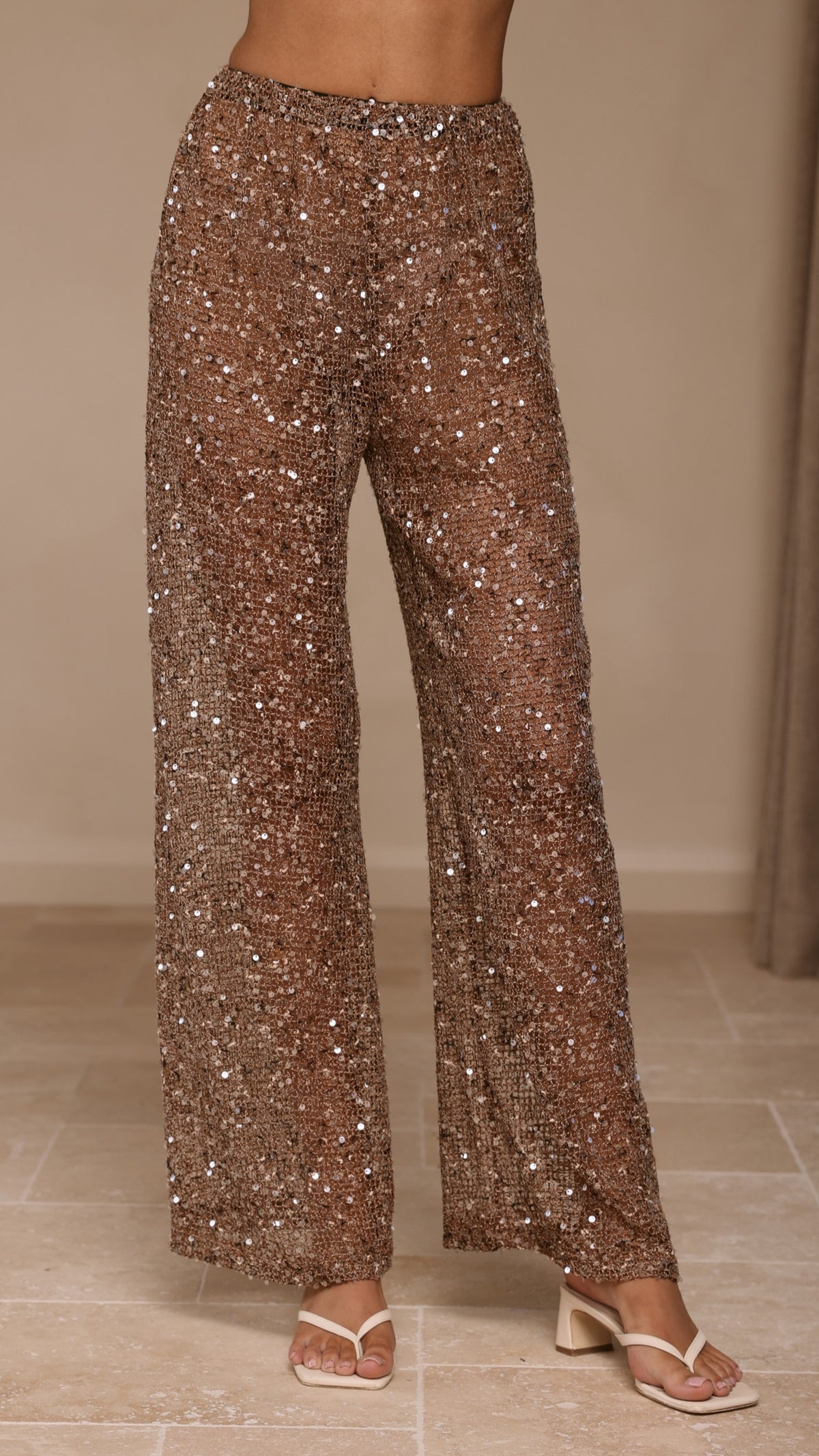 Zarina Sequin Long Line Top and Pants Set - Mocha - Billy J
