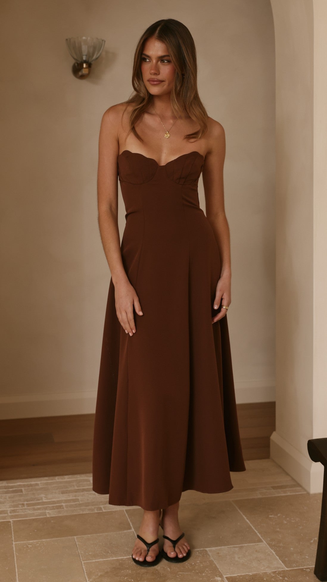Janessa Strapless Midi Dress - Chocolate - Billy J