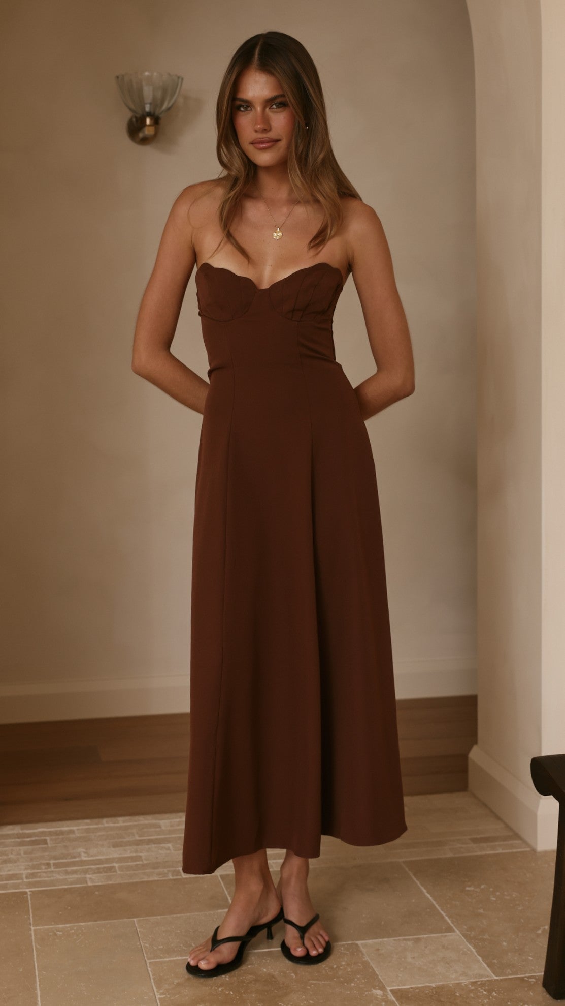 Janessa Strapless Midi Dress - Chocolate - Billy J