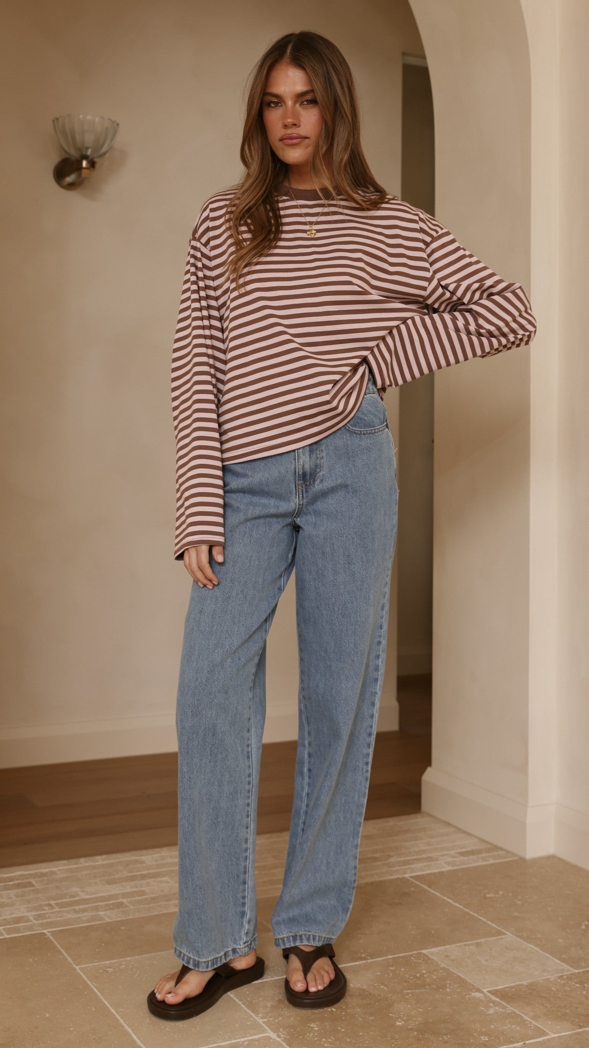 Solana Long Sleeve Top - Pink/Choc Stripe - Billy J