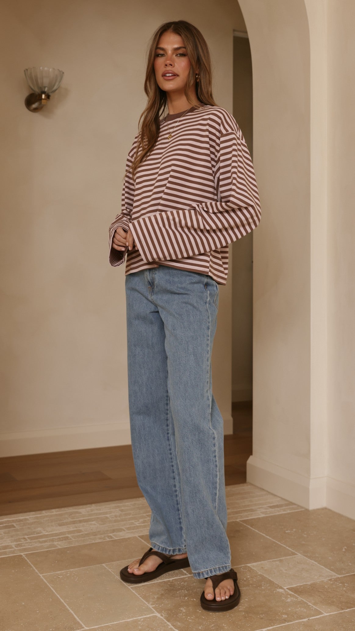 Solana Long Sleeve Top - Pink/Choc Stripe - Billy J