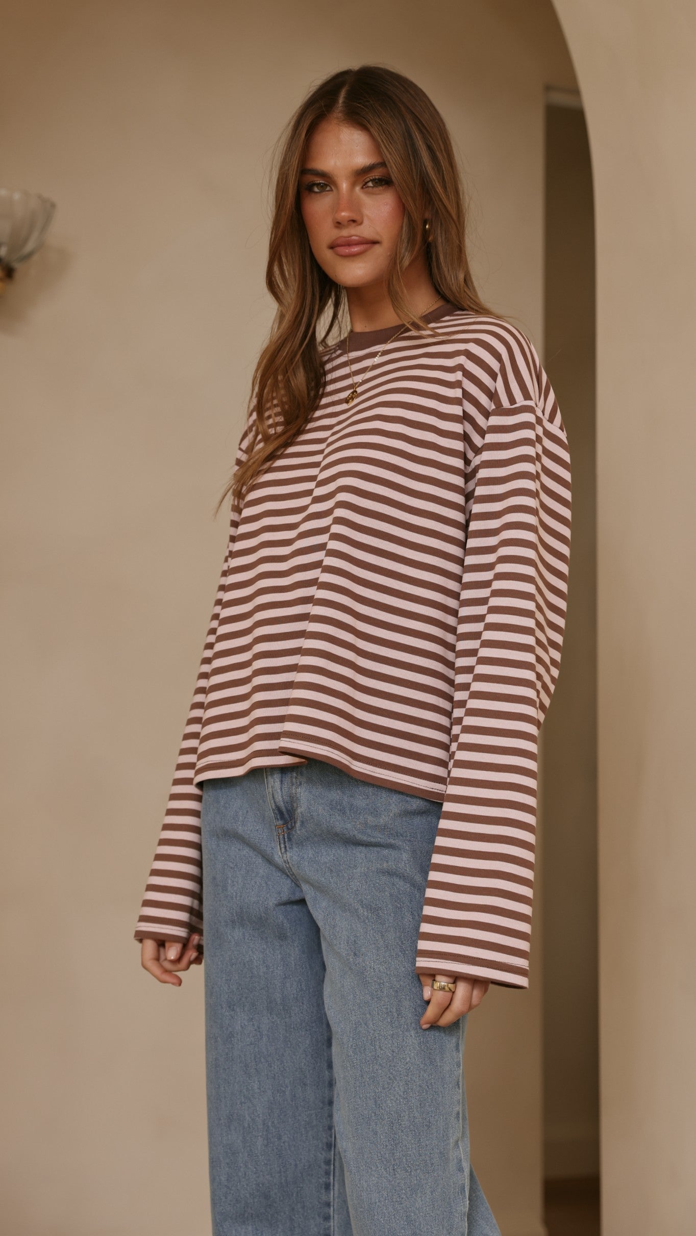 Solana Long Sleeve Top - Pink/Choc Stripe - Billy J