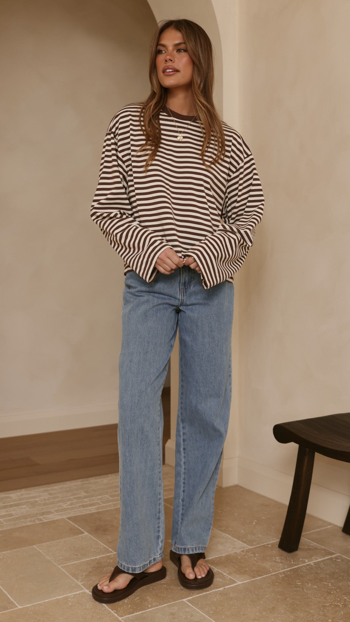 Solana Long Sleeve Top - Choc/White Stripe - Billy J