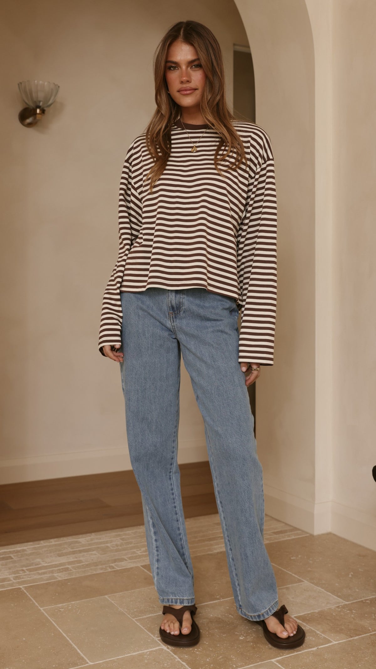 Solana Long Sleeve Top - Choc/White Stripe - Billy J