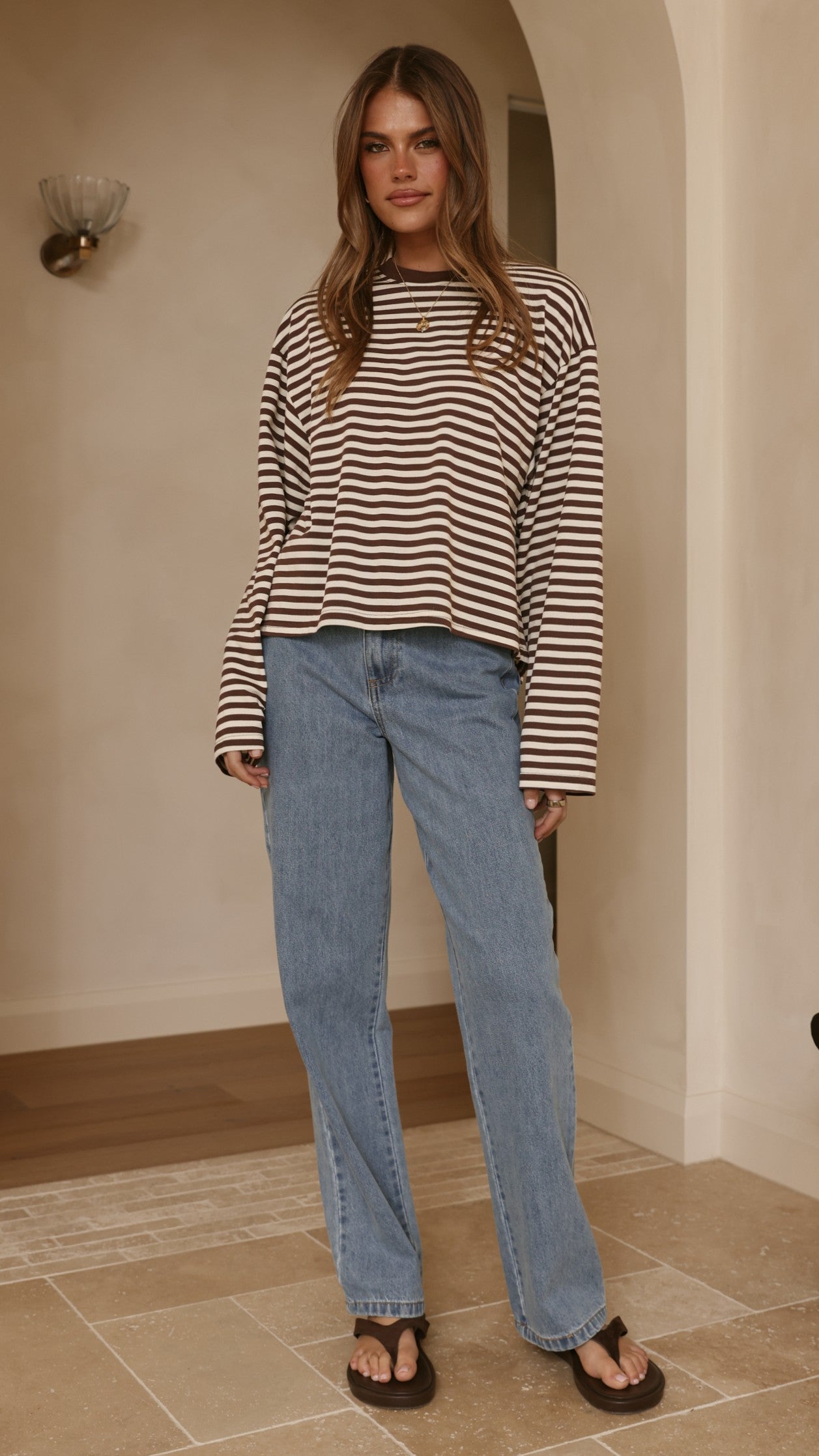 Solana Long Sleeve Top - Choc/White Stripe - Billy J
