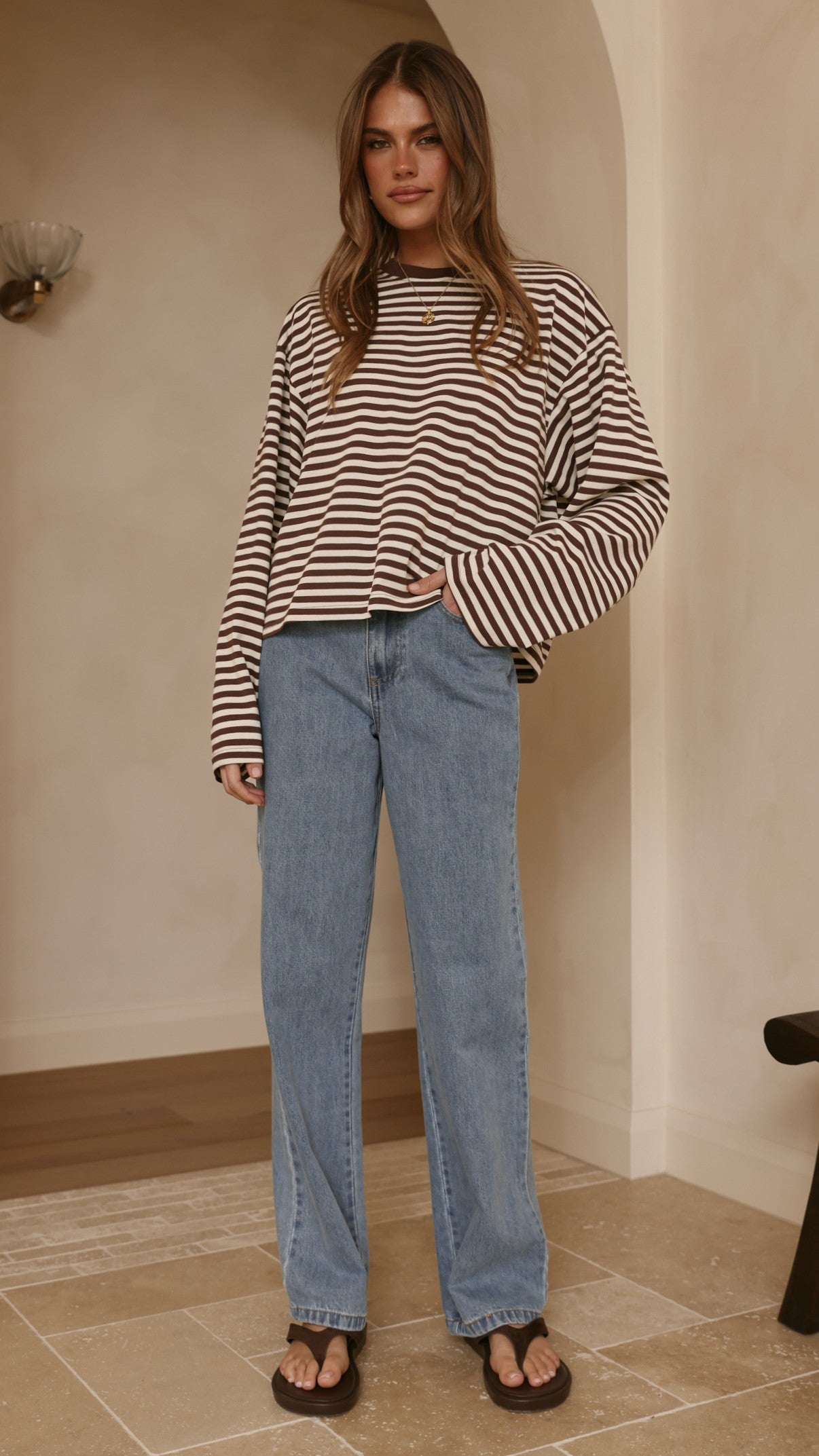 Solana Long Sleeve Top - Choc/White Stripe - Billy J