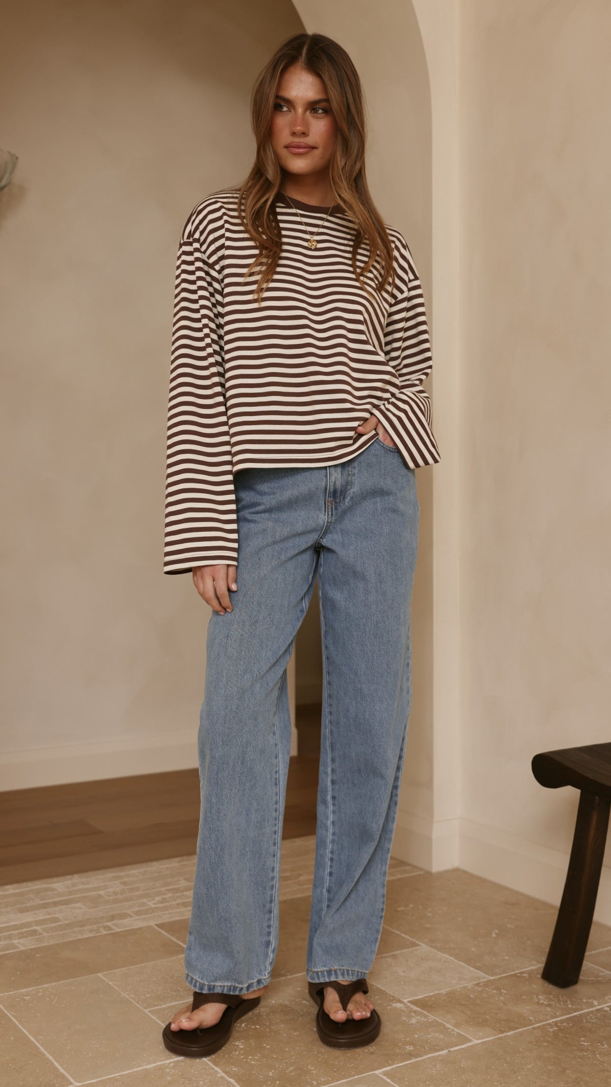 Solana Long Sleeve Top - Choc/White Stripe - Billy J