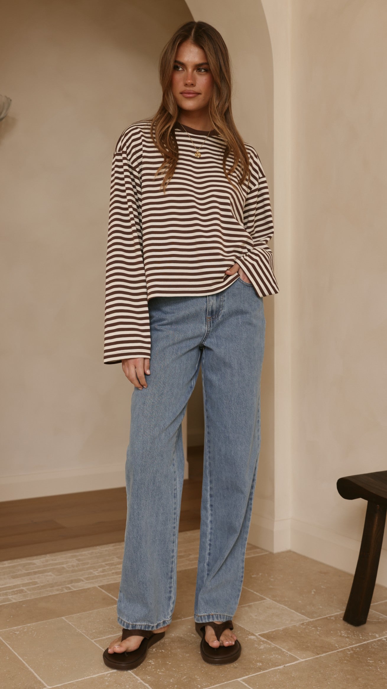 Solana Long Sleeve Top - Choc/White Stripe - Billy J