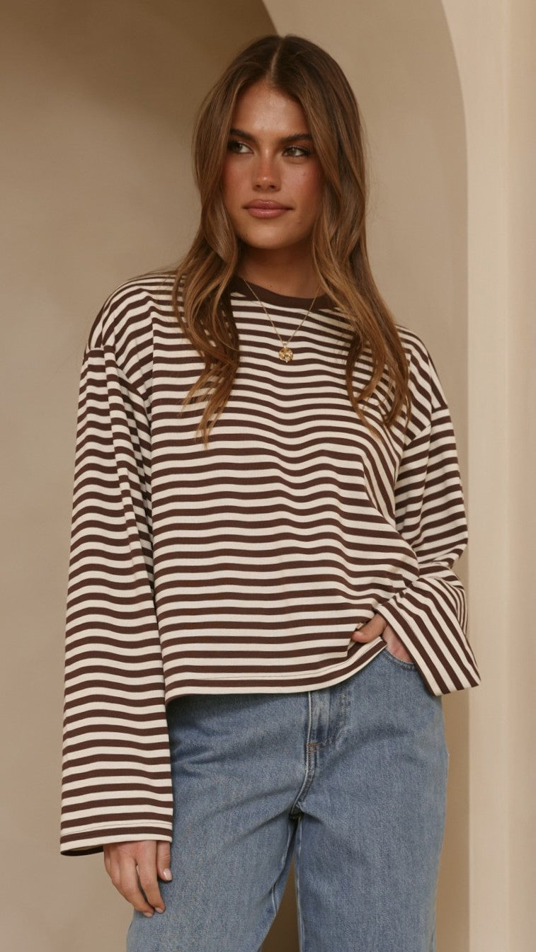 Solana Long Sleeve Top - Choc/White Stripe - Billy J