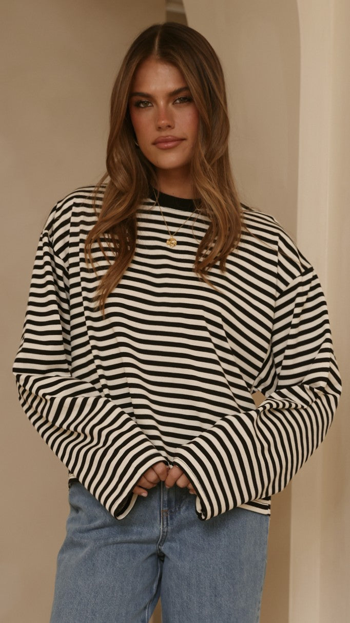 Solana Long Sleeve Top - Black/White Stripe - Billy J