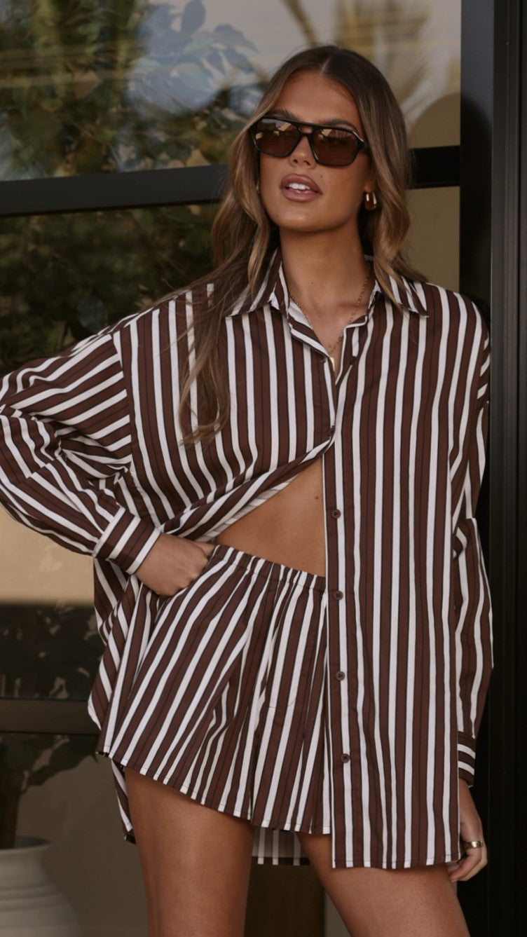 Arli Button Up Shirt - Brown/White Stripe - Billy J