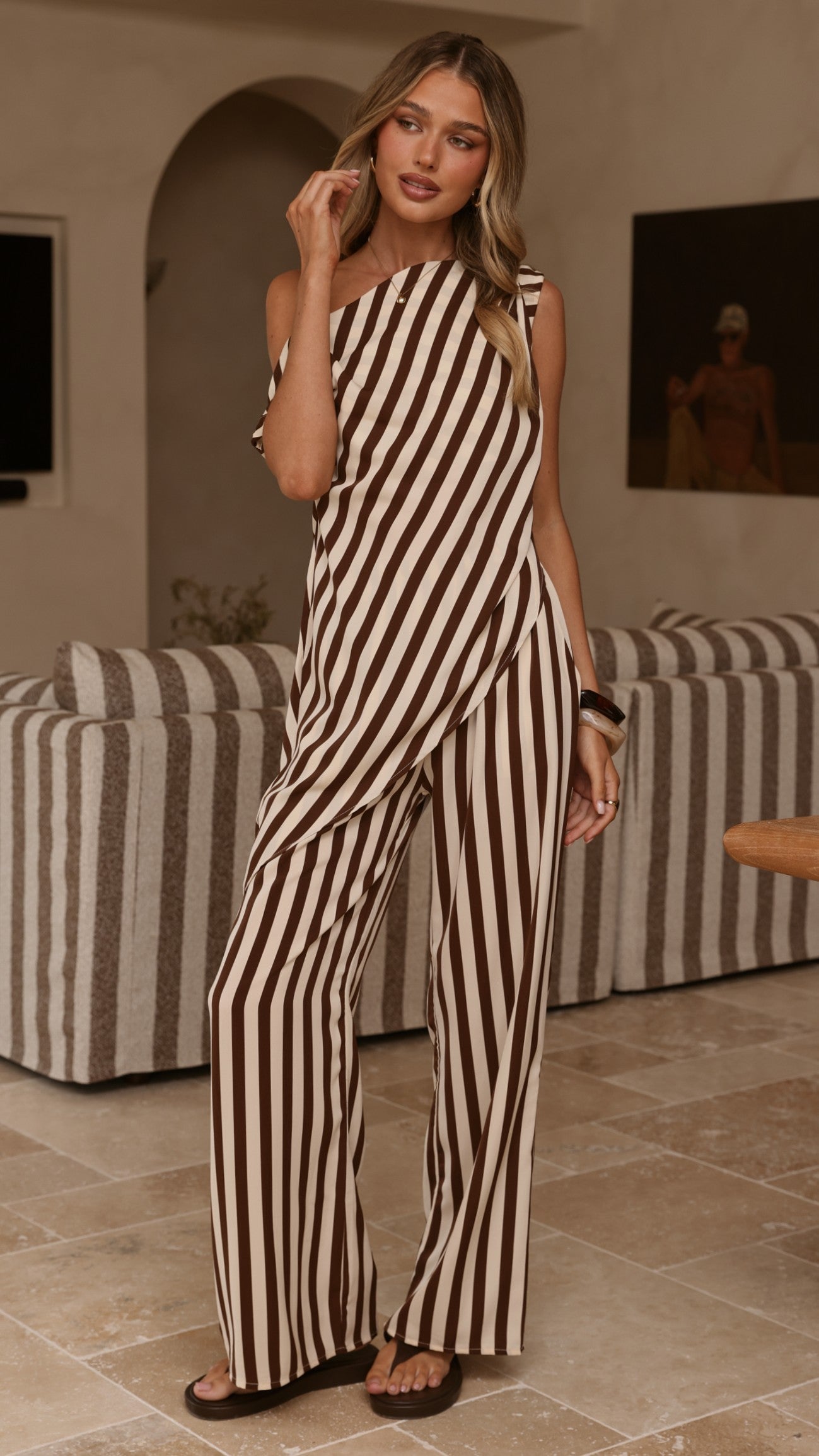Liana Off Shoulder Top & Pants Set - Brown Stripe - Billy J