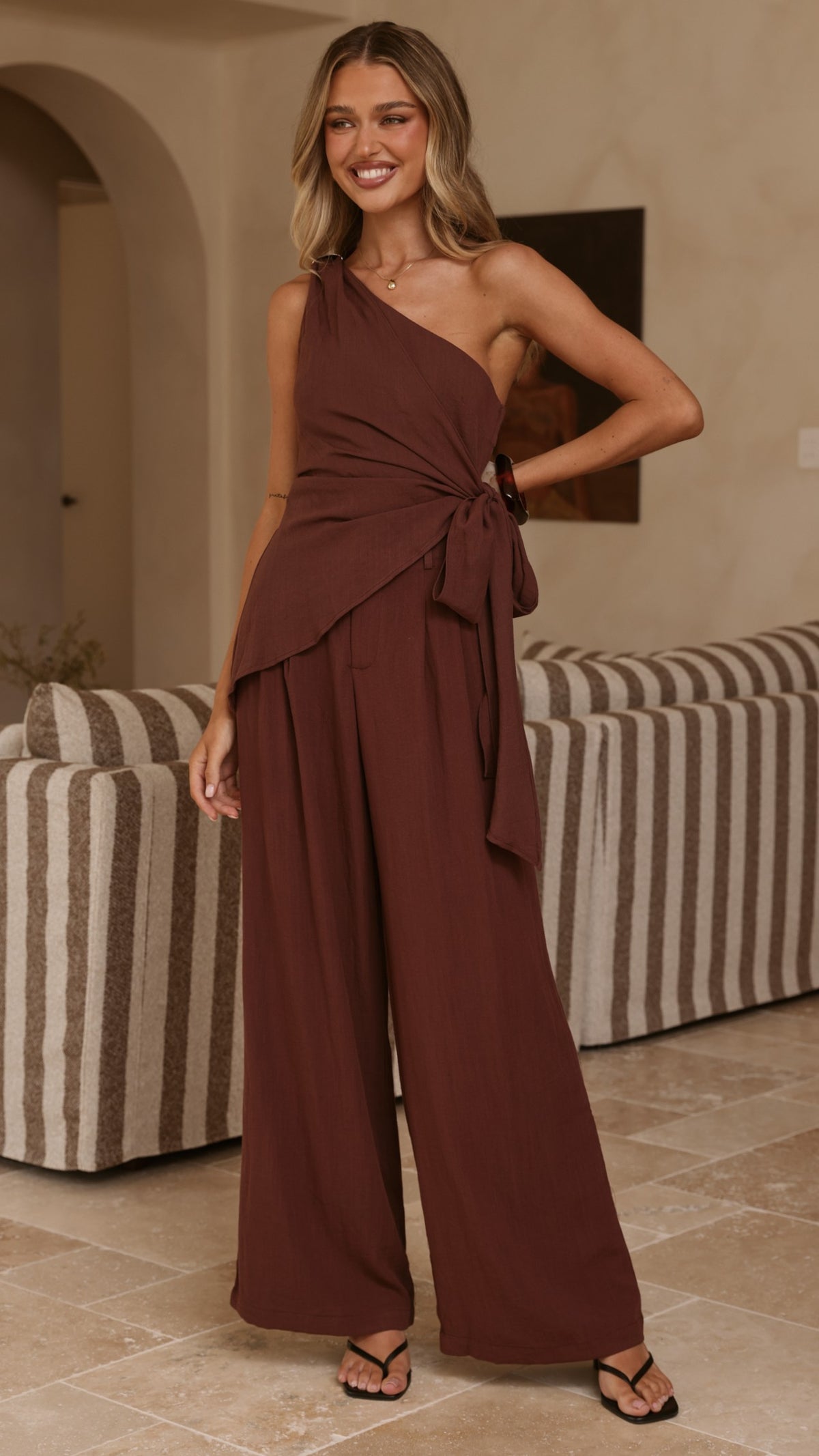 Leela One Shoulder Top and Pants Set - Brown - Billy J