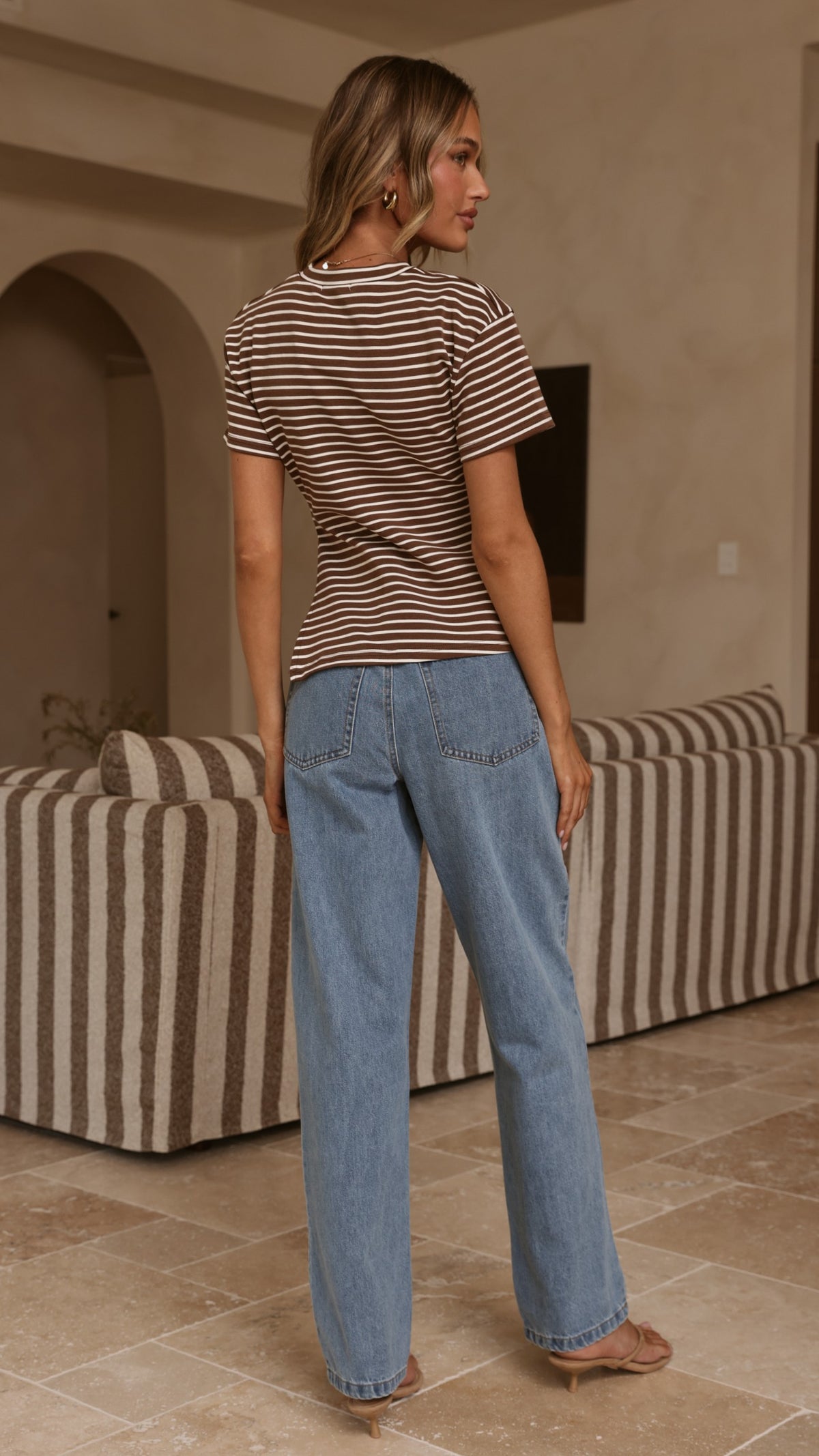 Tiarna Side Ruched Tee - Brown/White Stripe - Billy J