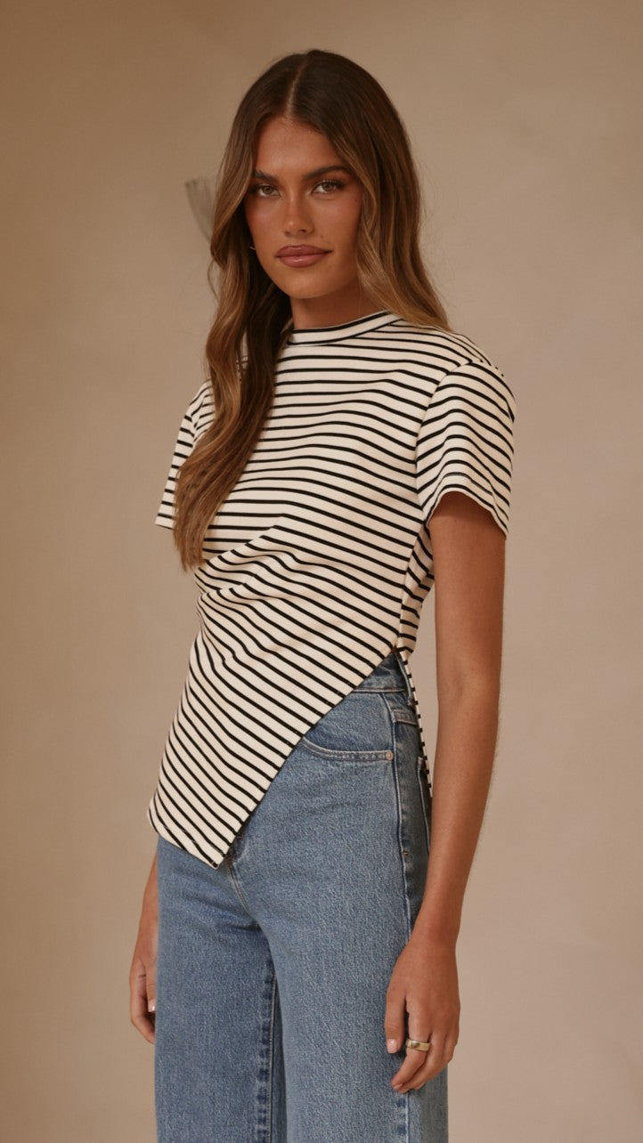 Tiarna Side Ruched Tee - Black/White Stripe - Billy J