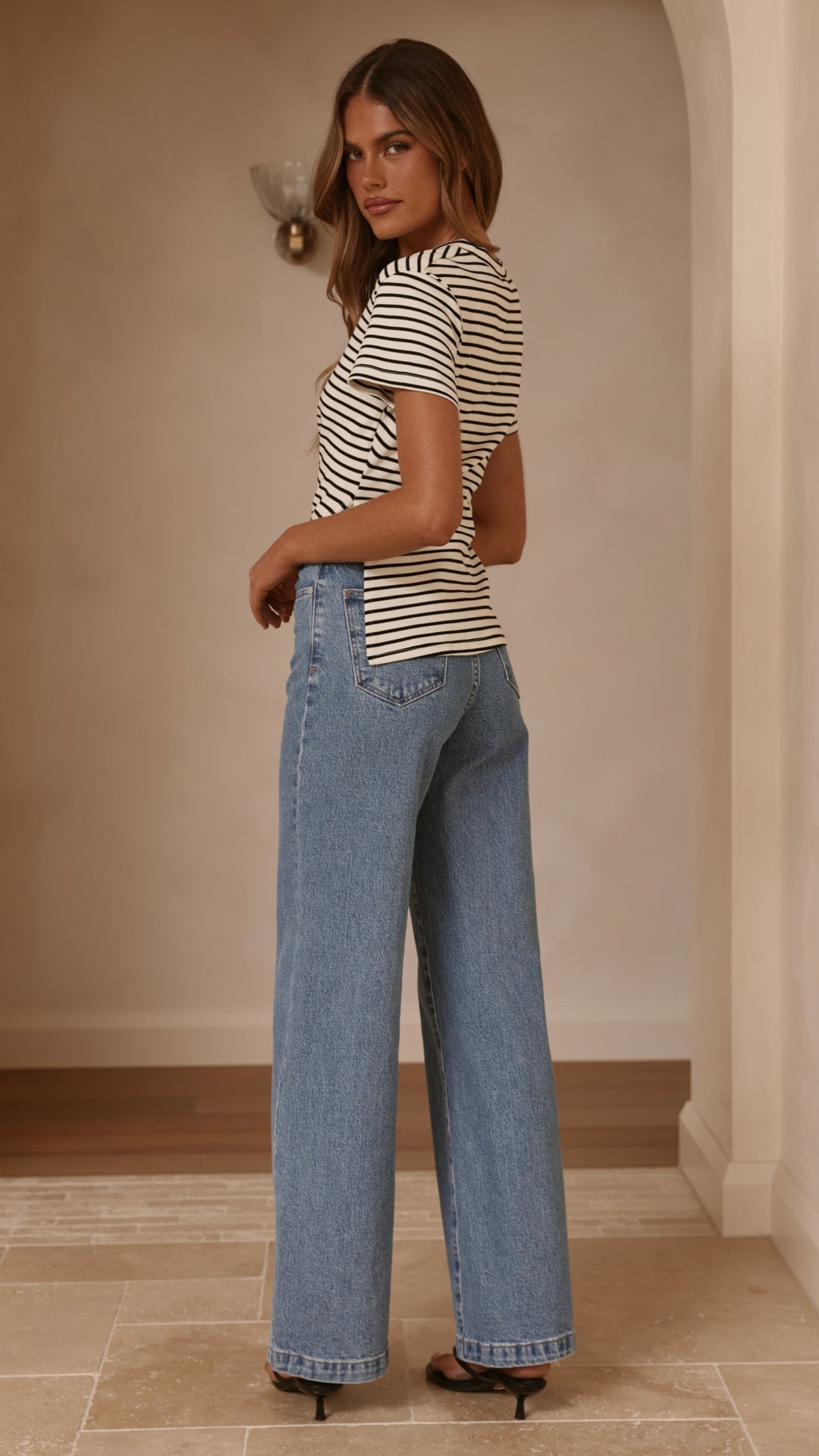 Tiarna Side Ruched Tee - Black/White Stripe - Billy J