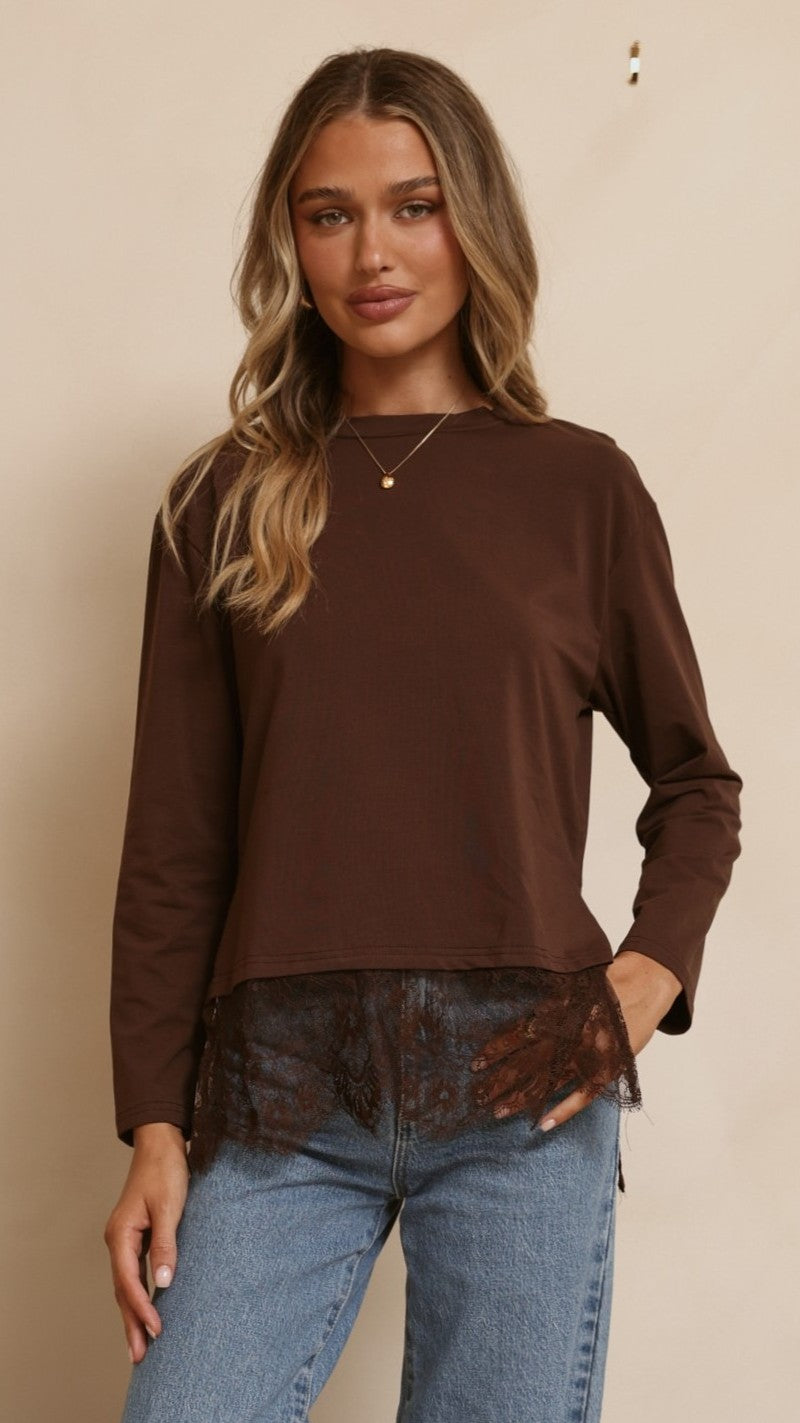 Alina Lace Trim Top - Chocolate - Billy J