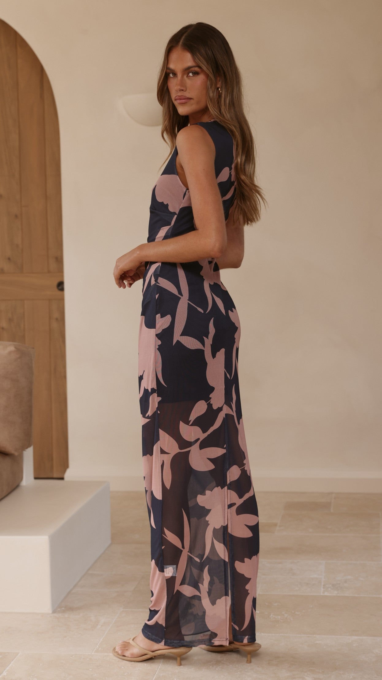 Lilani Mesh Maxi Dress - Navy/Pink Print - Billy J
