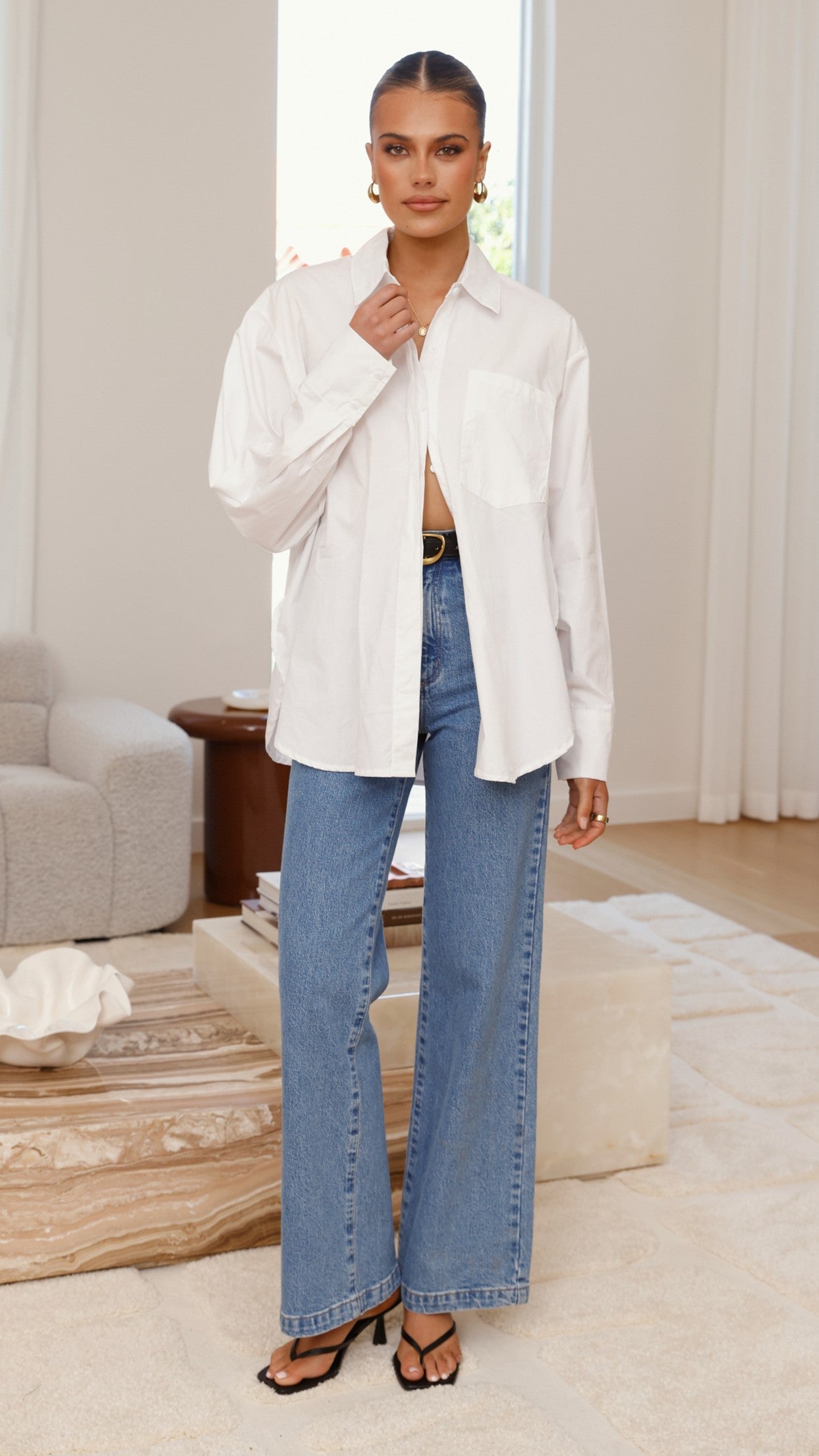 Charla Button Up Poplin Top - White - Billy J