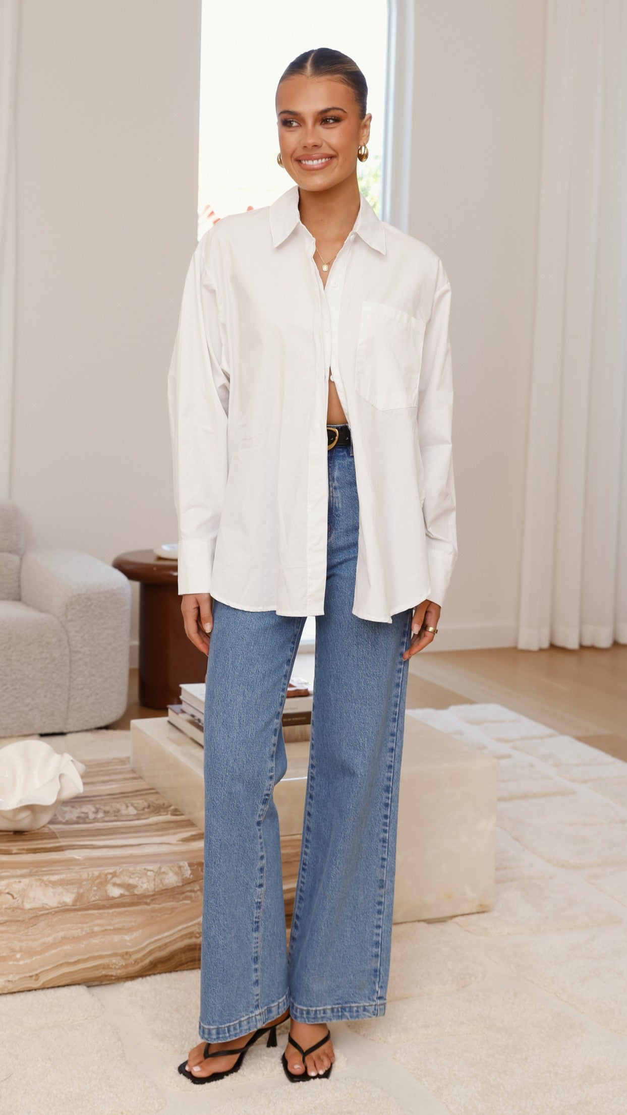 Charla Button Up Poplin Top - White - Billy J