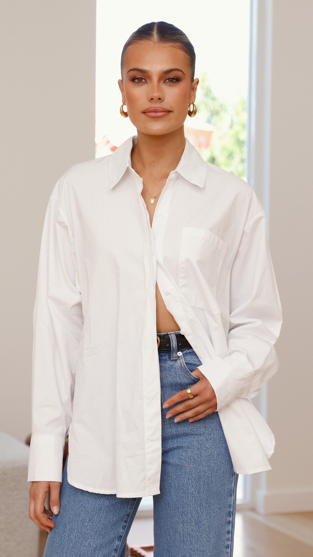 Charla Button Up Poplin Top - White - Billy J