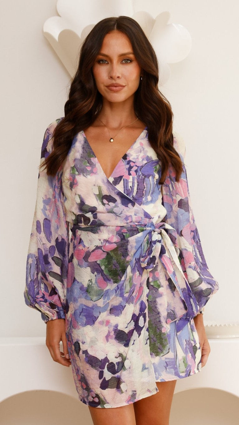 Jemma Long Sleeve Mini Dress - Purple Abstract - Billy J
