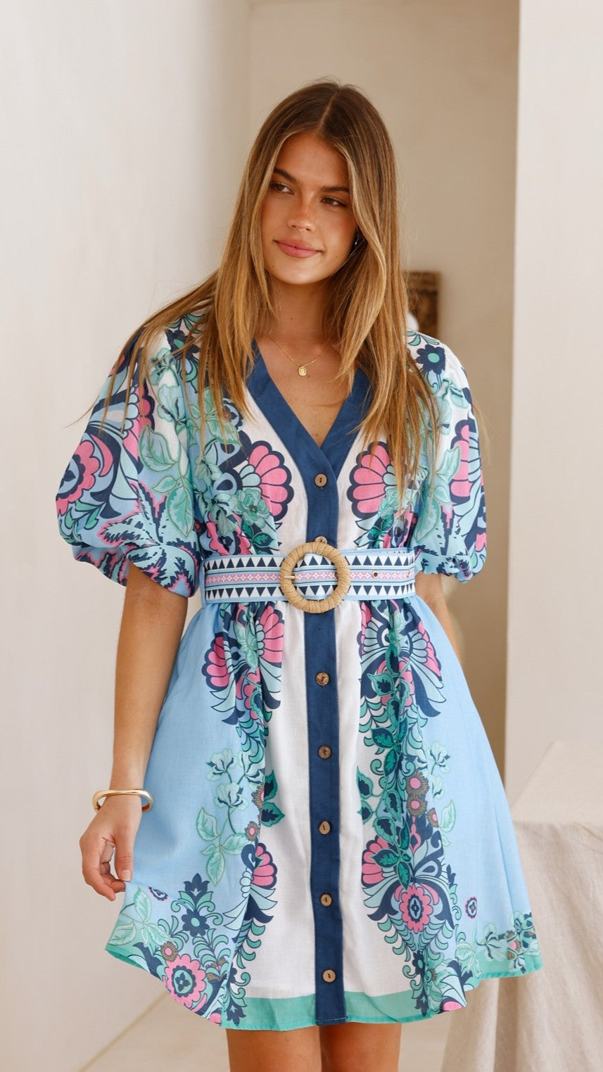 Dali Mini Dress - Island Bloom Blue - Billy J