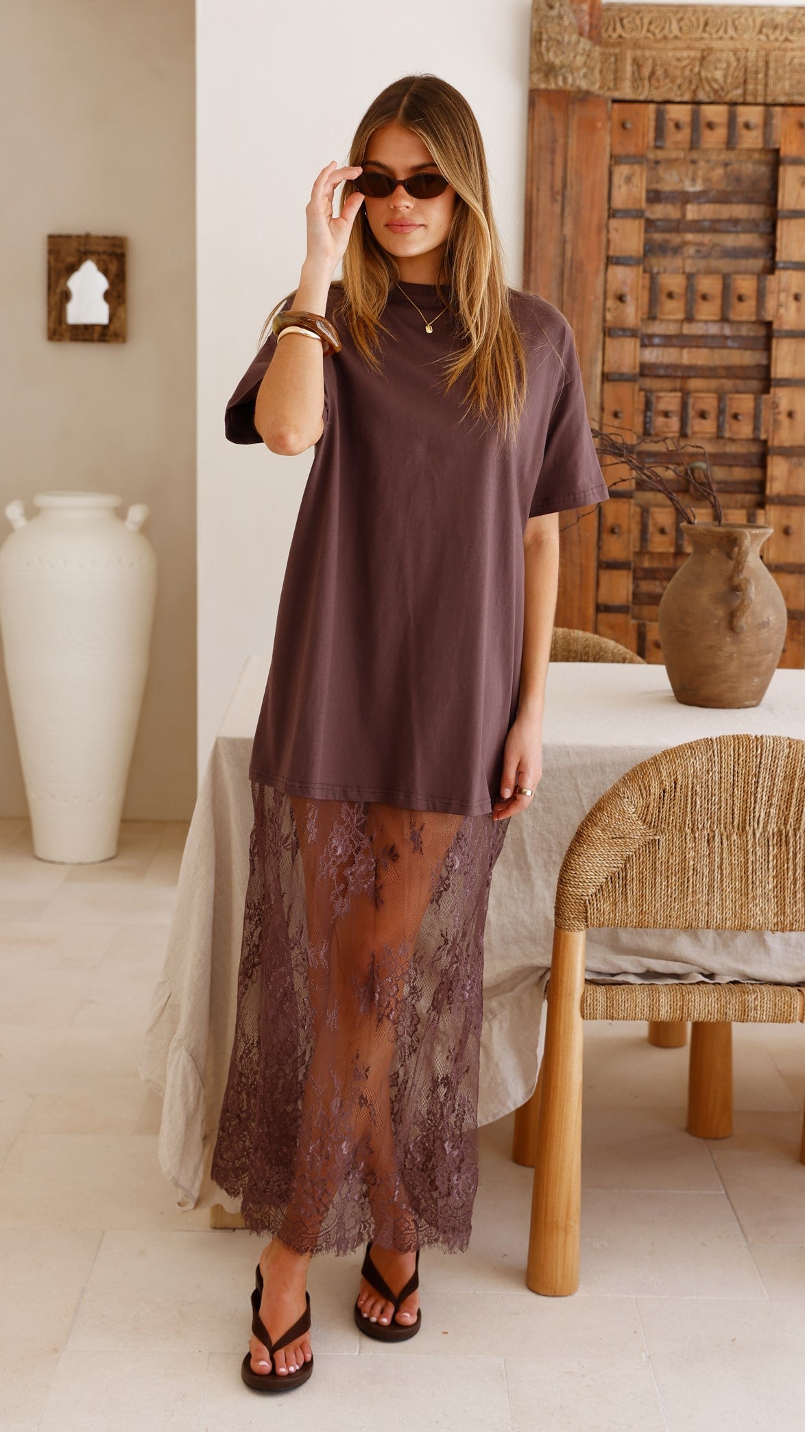Raina T-Shirt Maxi Dress - Brown Lace - Billy J