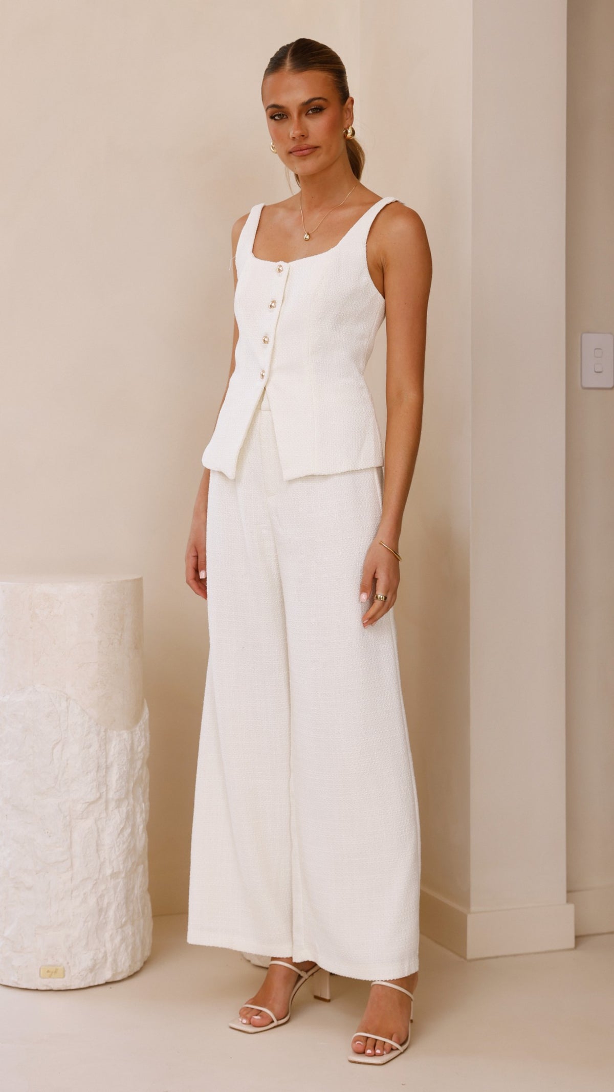 Karrina Tweed Button Up Vest and Pants Set - White - Billy J