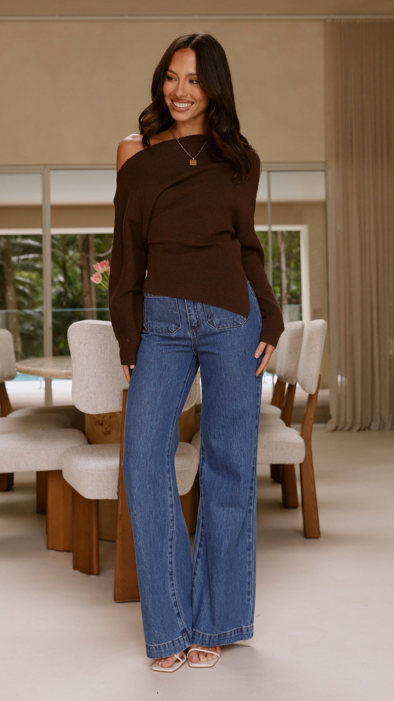 Eleora Long Sleeve Asymmetrical Top - Brown - Billy J