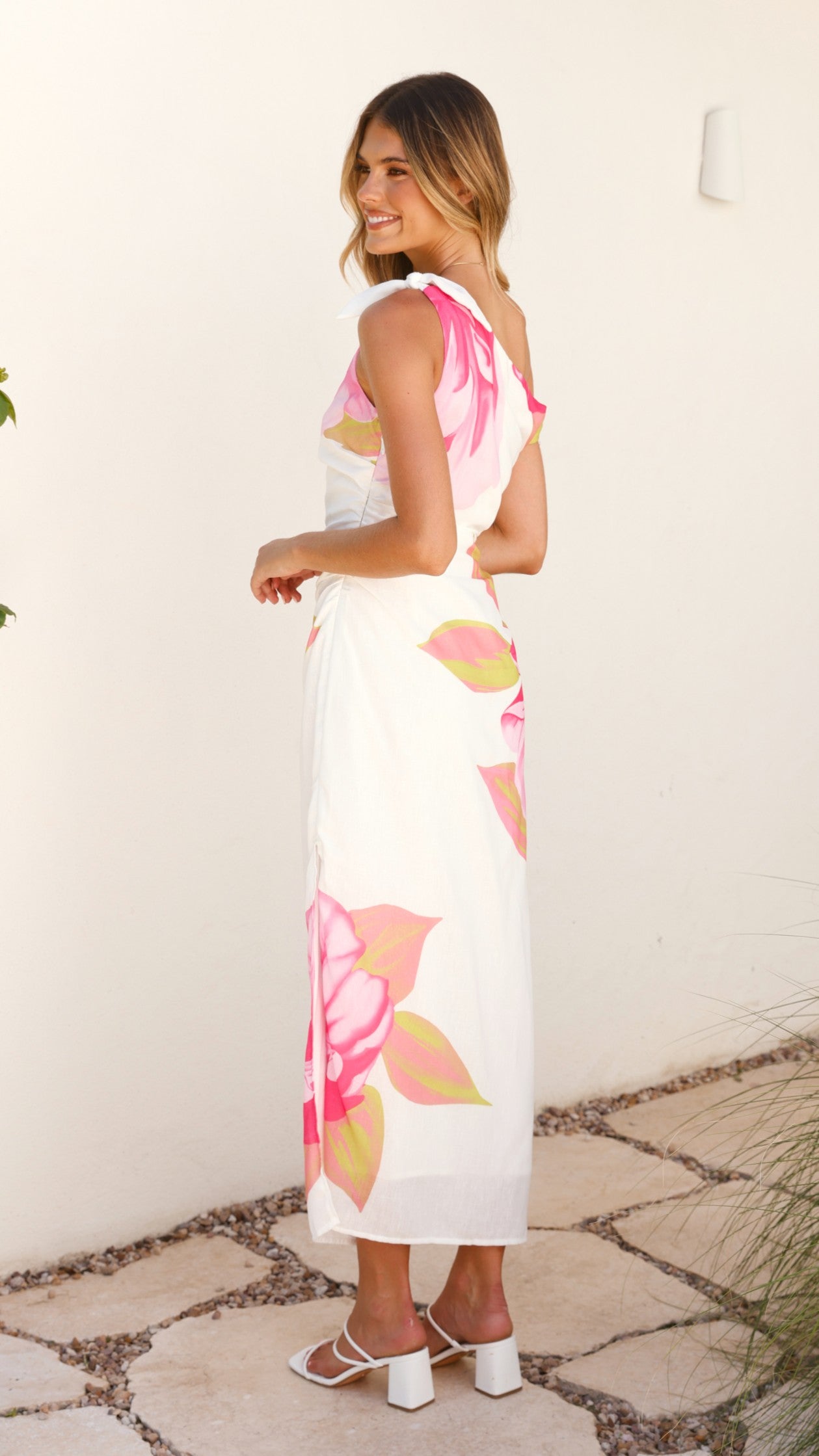 Maisy Shoulder Tie Midi Dress - Pink Green - Billy J
