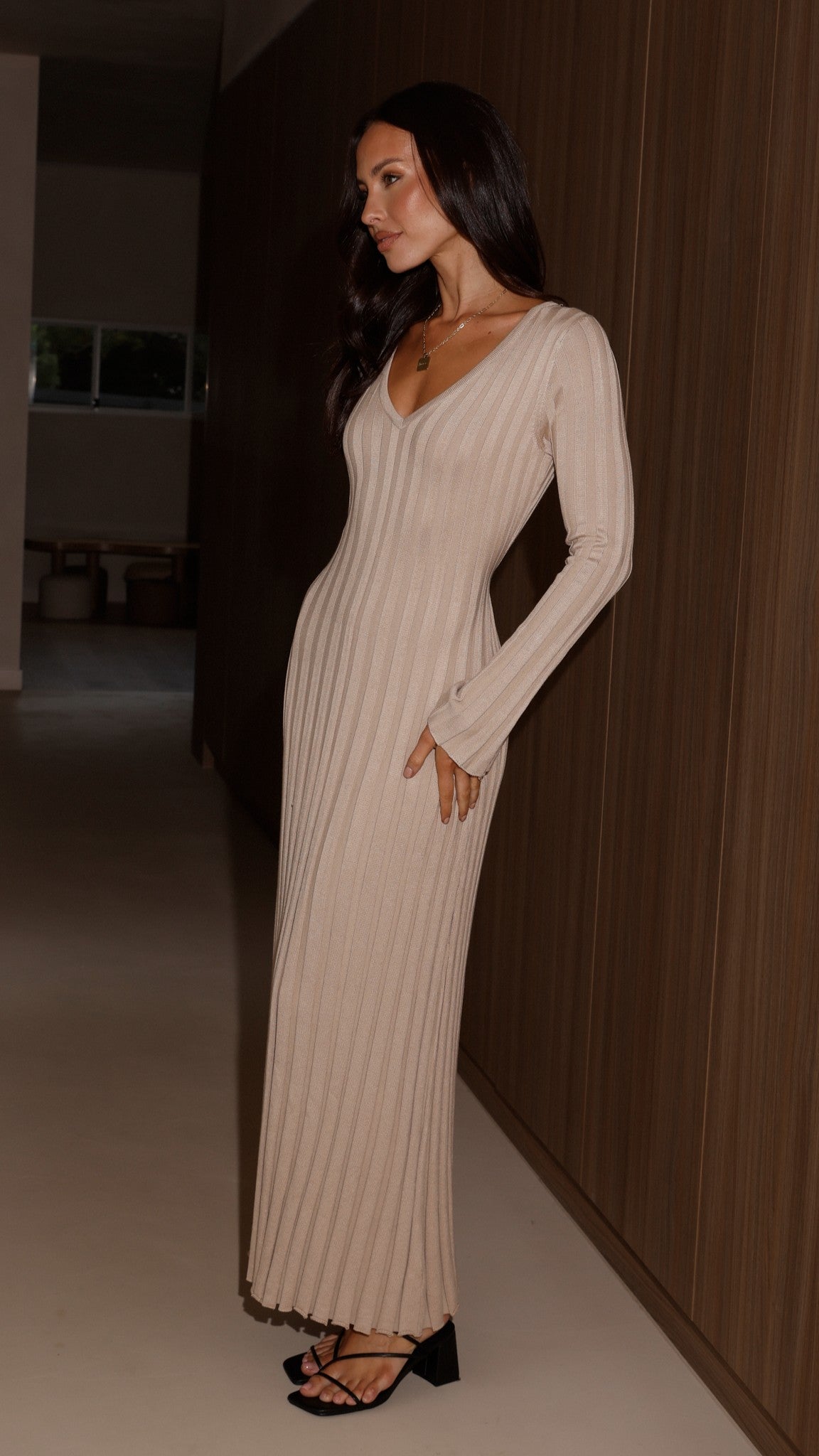 Cyra Long Sleeve Maxi Dress - Beige - Billy J