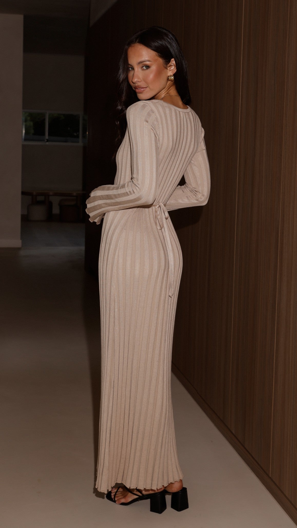 Cyra Long Sleeve Maxi Dress - Beige - Billy J