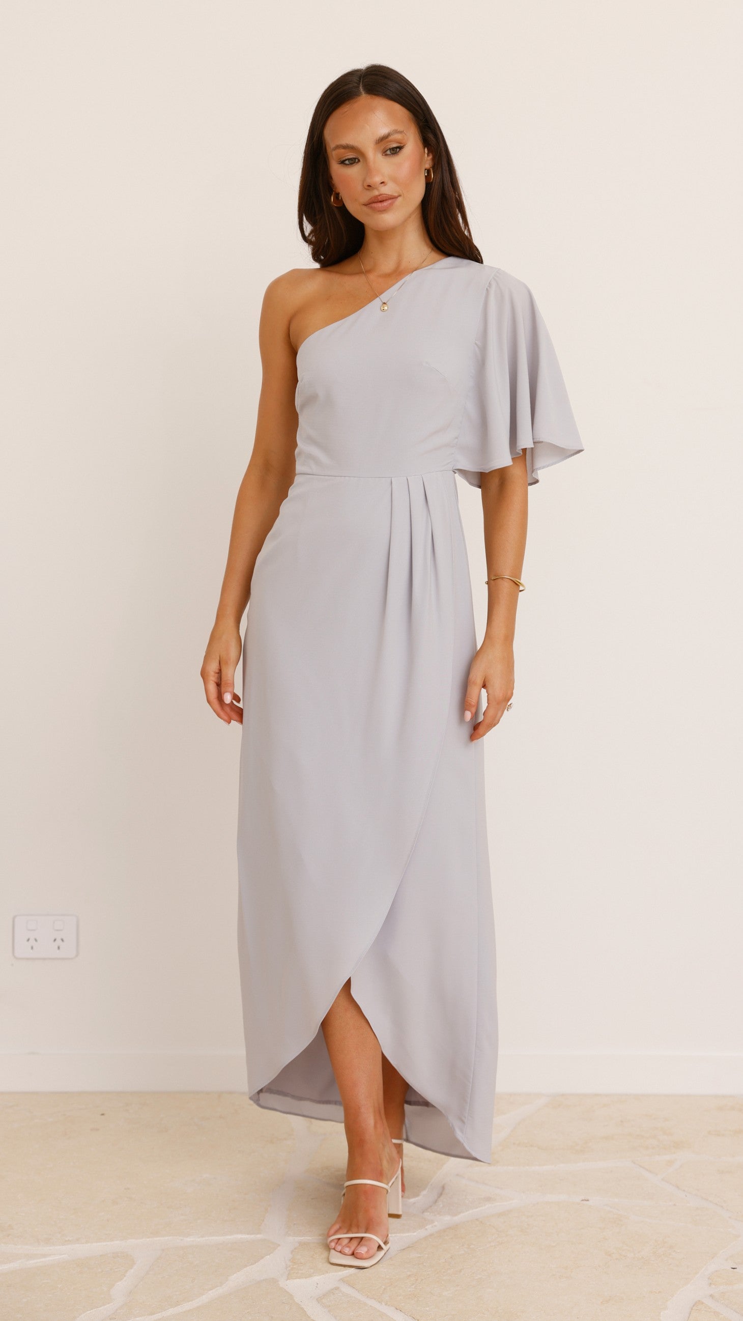 Emma One Sleeve Maxi Dress - Silver - Billy J