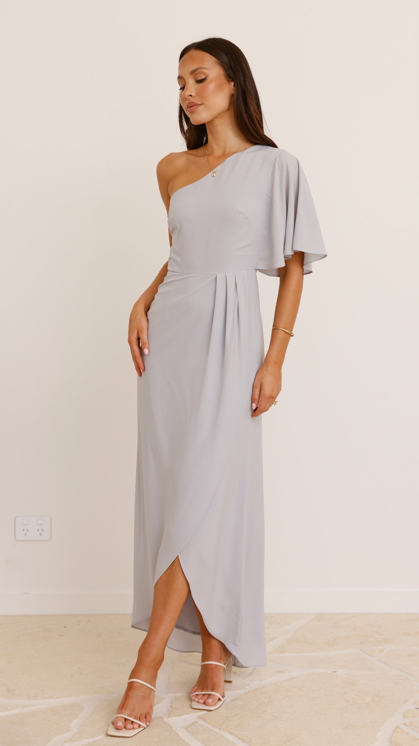 Emma One Sleeve Maxi Dress - Silver - Billy J