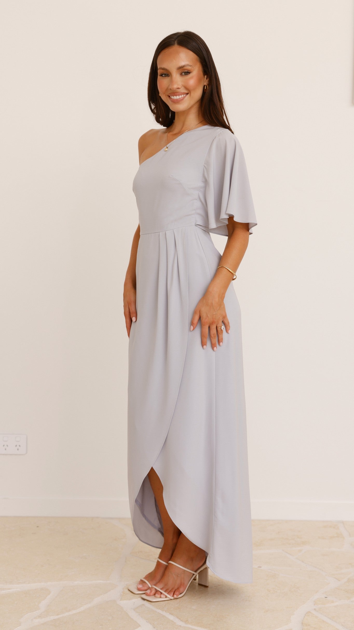 Emma One Sleeve Maxi Dress - Silver - Billy J