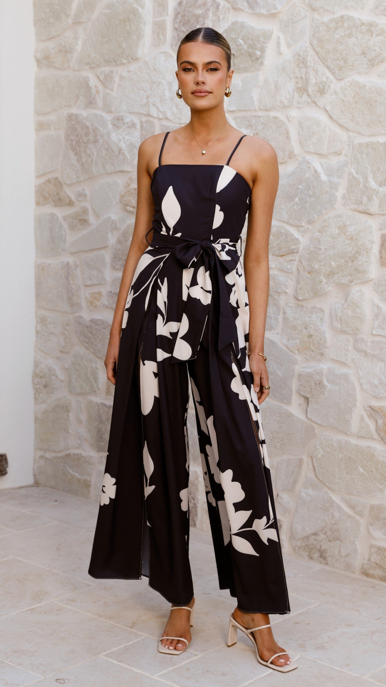 Carson Front Split Strapless Jumpsuit - Black Floral - Billy J