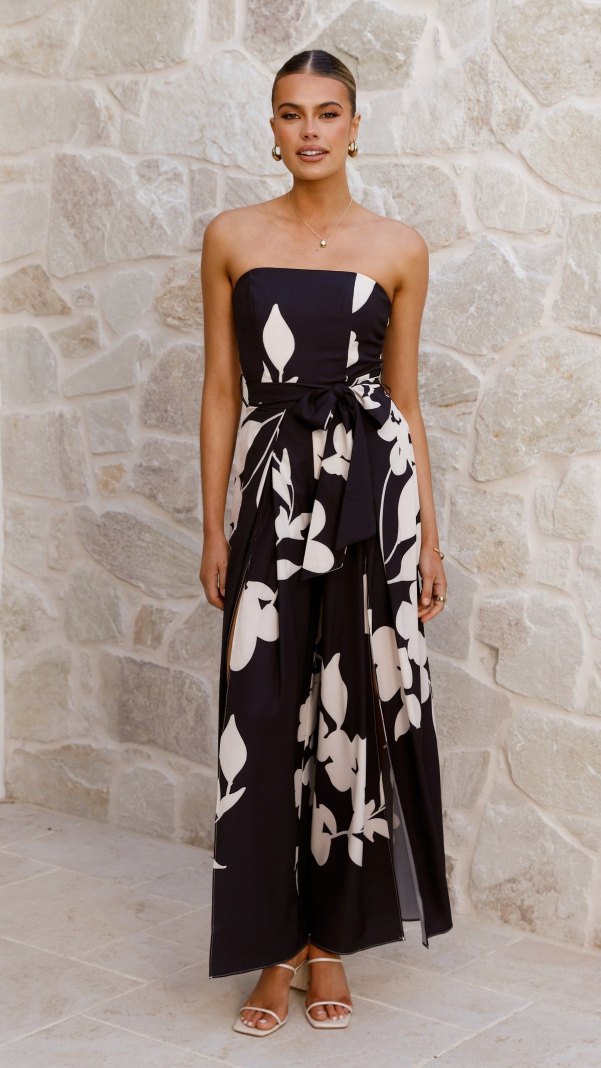 Carson Front Split Strapless Jumpsuit - Black Floral - Billy J
