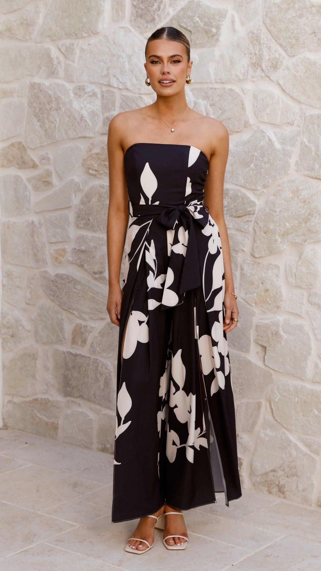 Carson Front Split Strapless Jumpsuit - Black Floral - Billy J