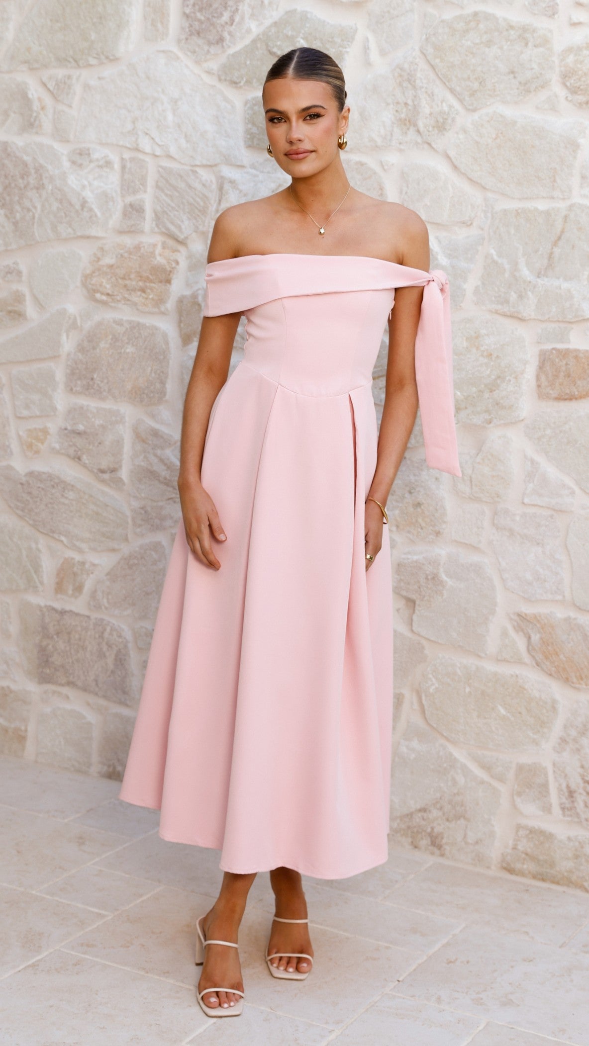 Bentley Off Shoulder Midi Dress - Pink - Billy J