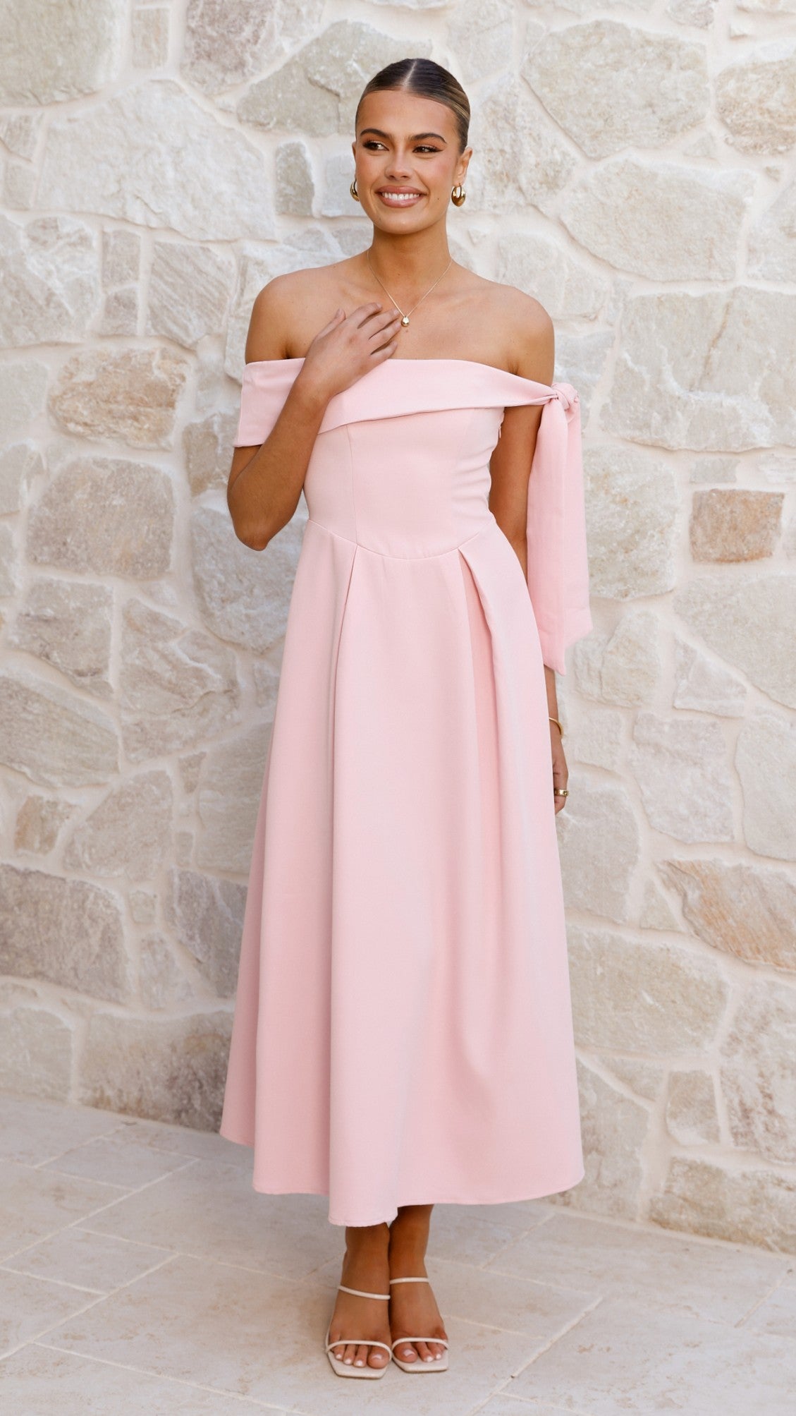 Bentley Off Shoulder Midi Dress - Pink - Billy J