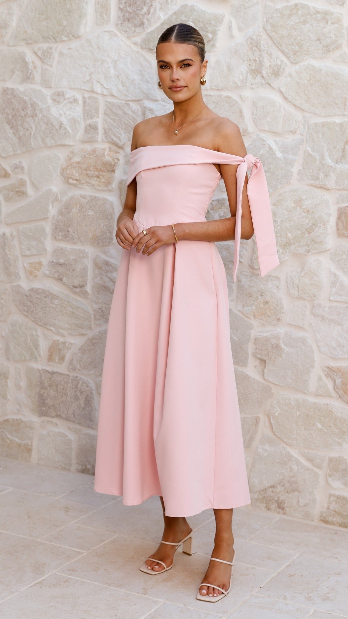 Bentley Off Shoulder Midi Dress - Pink - Billy J