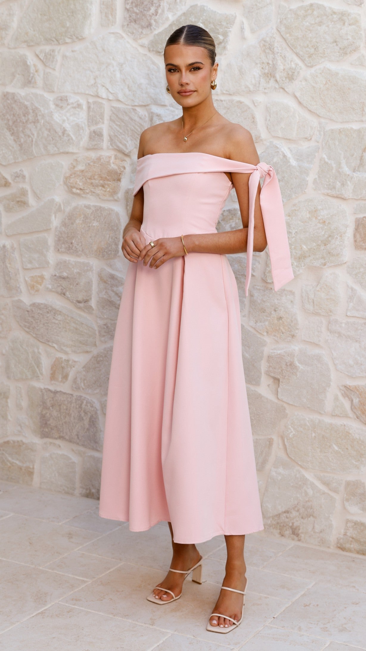 Bentley Off Shoulder Midi Dress - Pink - Billy J