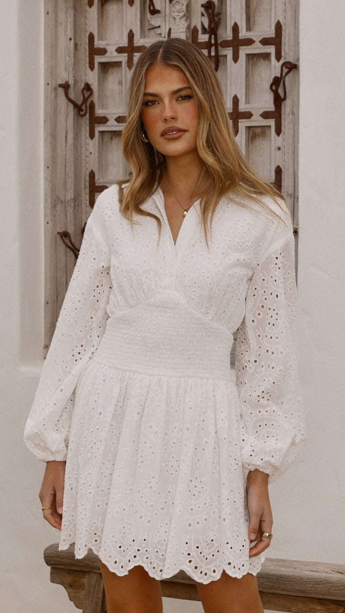 Brittney Long Sleeve Mini Dress - White - Billy J