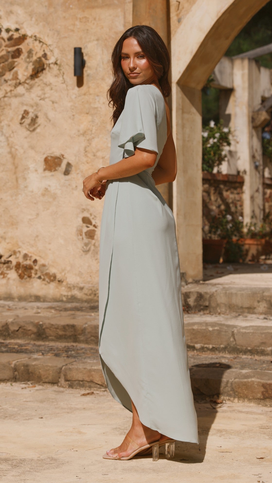 Emma One Sleeve Maxi Dress - Sage - Billy J