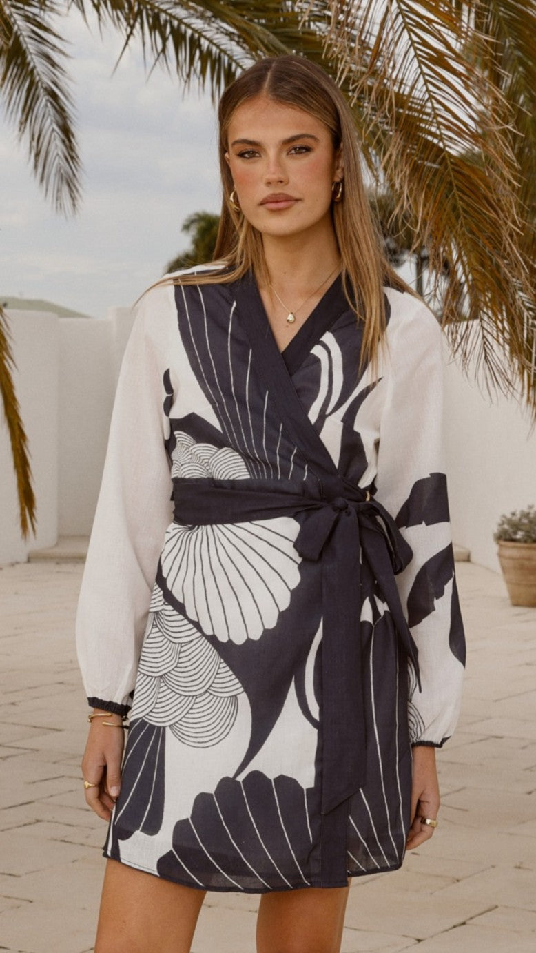 Cassidy Long Sleeve Mini Dress - White/Navy - Billy J