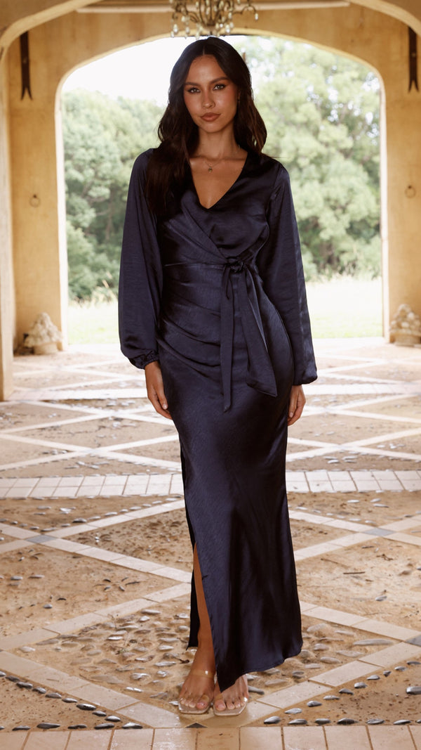 Ivy Long Sleeve Tie Front Maxi Dress - Navy - Billy J