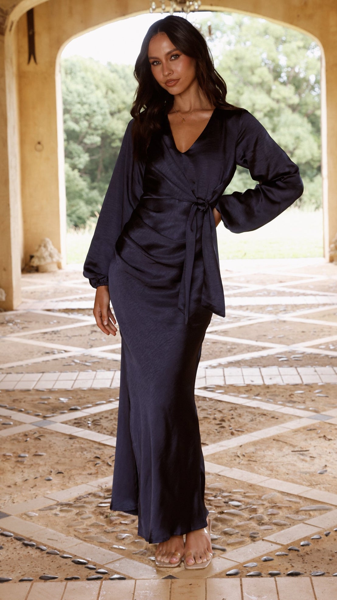 Ivy Long Sleeve Tie Front Maxi Dress - Navy - Billy J