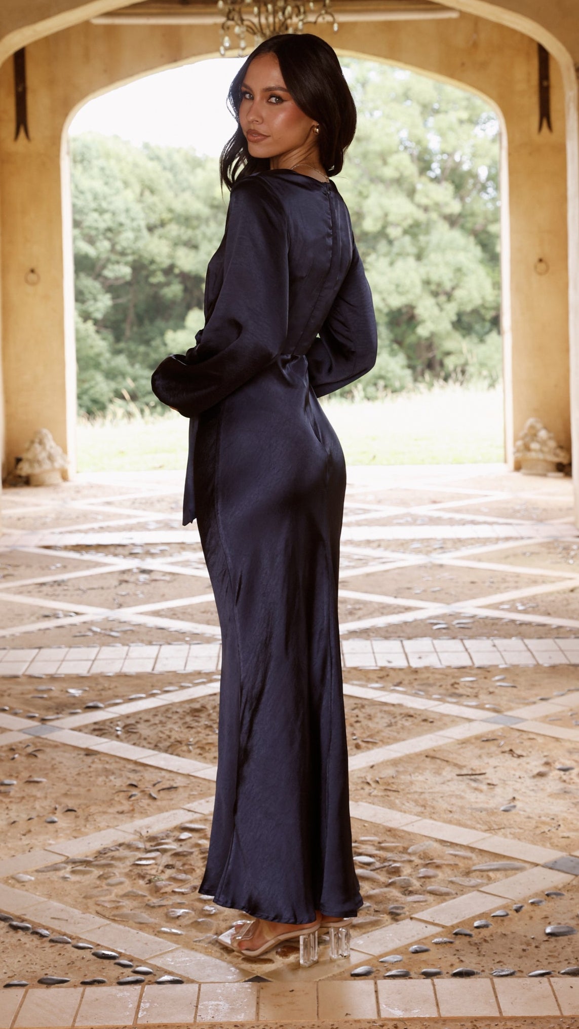 Ivy Long Sleeve Tie Front Maxi Dress - Navy - Billy J